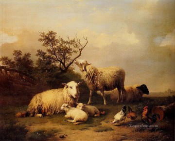  flügel - Belgien Verboeckhoven Eugene Schaf mit ruhenden Lämmern und Geflügel in einer Landschaft